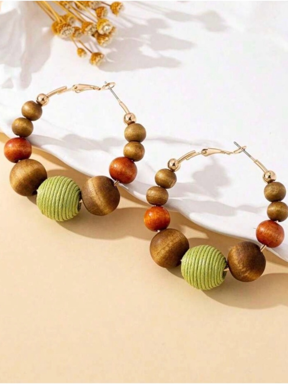 Green and Brown Beaded Hoop Earrings - Women Jewelry